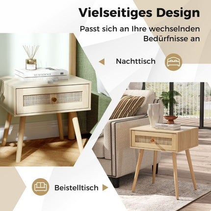 Rattan Nightstand with Drawer and Solid Wood Legs