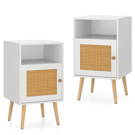 Rattan Nightstand with Storage, Open Shelf & Door, 2 Pieces