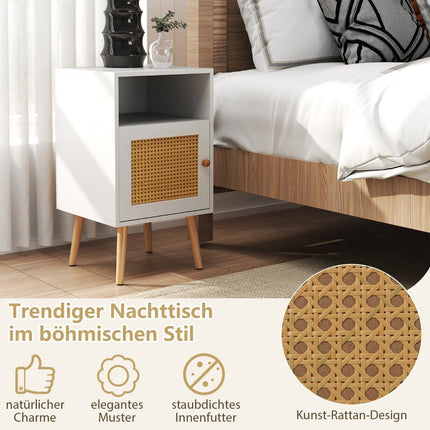 Rattan Nightstand with Storage, Open Shelf & Door, 2 Pieces