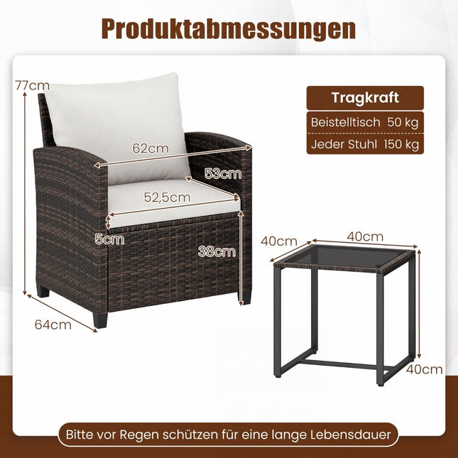 Rotan tuinset voor op het balkon met kussens en glazen tafel