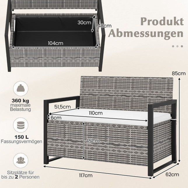 Rotan opbergbank voor buiten met kussen, draagvermogen 360 kg