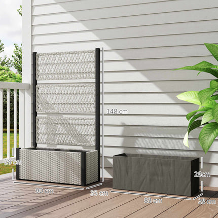 Rattan Raised Planter with Trellis, 90x35x148cm, Grey