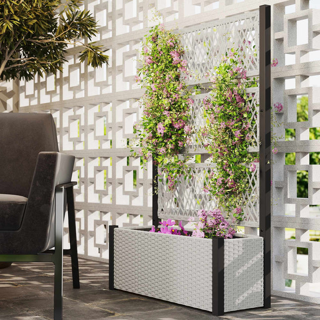 Rattan Raised Planter with Trellis, 90x35x148cm, Grey