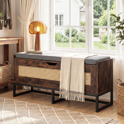 Rattan Shoe Storage Bench With Upholstered Seat, 100 cm