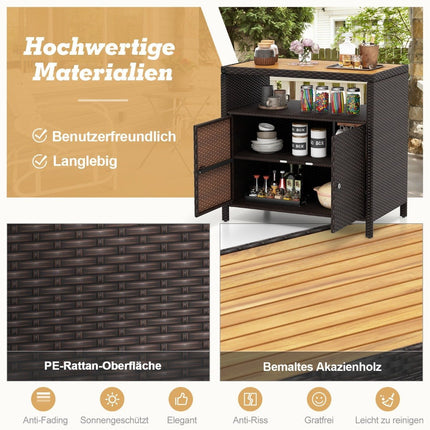 Rattan Storage Cabinet with Acacia Wood Countertop &amp; Open compartment brown