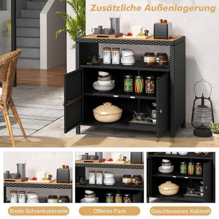 Rattan Storage Cabinet with Acacia Wood Top, Black