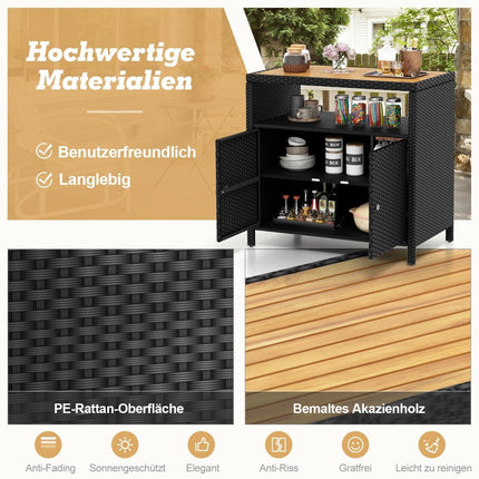 Rattan Storage Cabinet with Acacia Wood Top, Black
