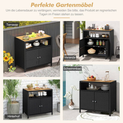 Rattan Storage Cabinet with Acacia Wood Top, Black