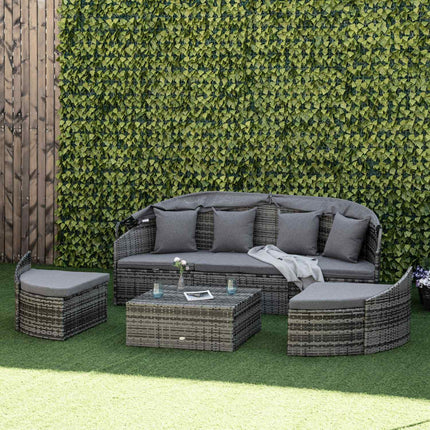 Sun lounger set in rattan with canopy and cushions, gray 230x145x80 cm