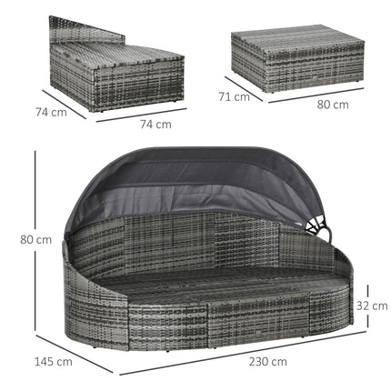 Sun lounger set in rattan with canopy and cushions, gray 230x145x80 cm