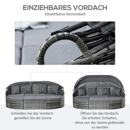Sun lounger set in rattan with canopy and cushions, gray 230x145x80 cm