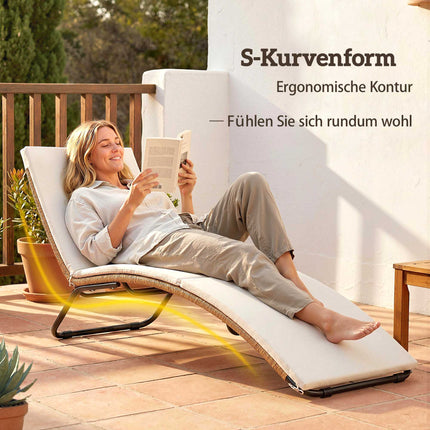 Rattan Sun Lounger with Cushion, Ergonomic S-Curve, 195 cm