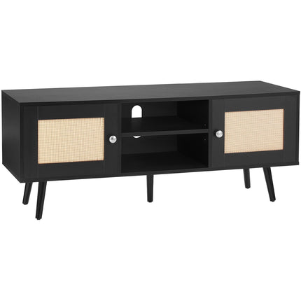 Rattan TV Stand for 55-Inch TV, Adjustable Shelf, Black