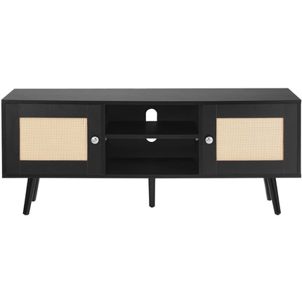 Rattan TV Stand for 55-Inch TV, Adjustable Shelf, Black