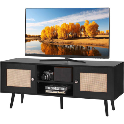 Rattan TV Stand for 55-Inch TV, Adjustable Shelf, Black