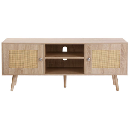 Rattan TV Stand for 55-Inch TV, Oak, Adjustable Shelf