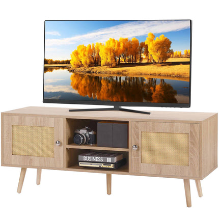 Rattan TV Stand for 55-Inch TV, Oak, Adjustable Shelf
