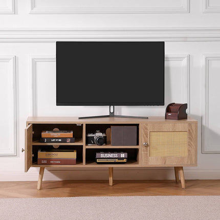Rattan TV Stand for 55-Inch TV, Oak, Adjustable Shelf