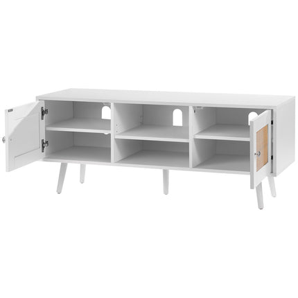 Rattan TV Stand for 55-Inch TV, White, Adjustable Shelf