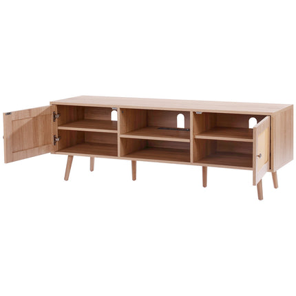 Rattan TV Stand for 65-Inch TV, Oak with Power Outlet