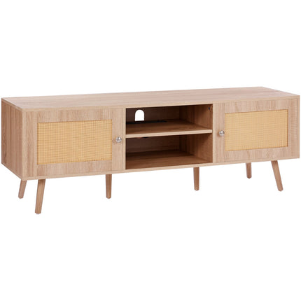 Rattan TV Stand for 65-Inch TV, Oak with Power Outlet