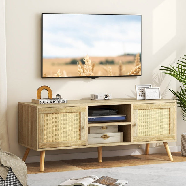 Rattan TV cabinet with 2 doors & open compartments for TVs up to 55 inches 120 x 40 x 48.5 cm