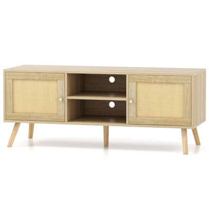Rattan TV cabinet with 2 doors & open compartments for TVs up to 55 inches 120 x 40 x 48.5 cm