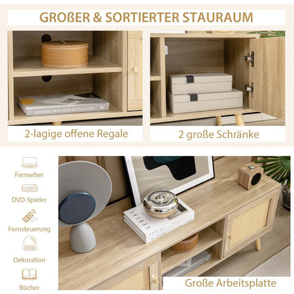Rattan TV cabinet with 2 doors & open compartments for TVs up to 55 inches 120 x 40 x 48.5 cm