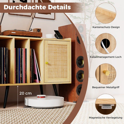 Rattan Turntable Stand with Charging Station, Holds 220 Vinyls