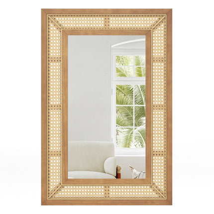 Rattan Wall Mirror with Wood Frame, 90x60 cm, Hanging