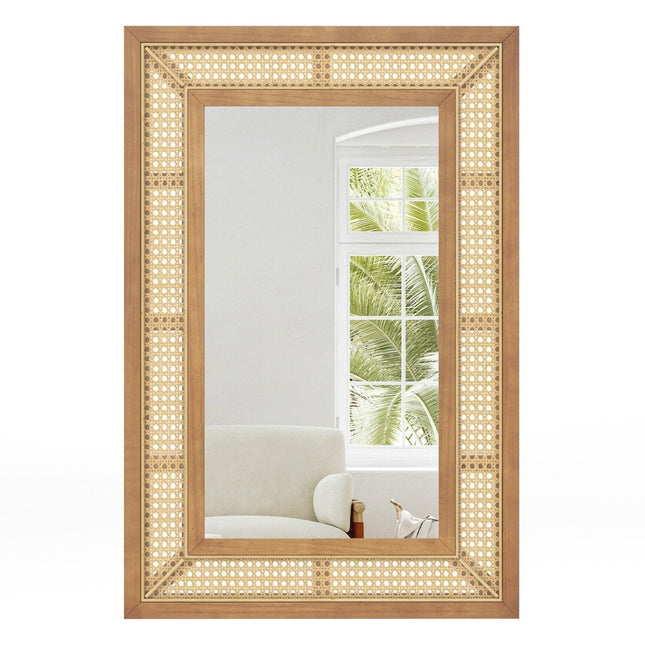 Rattan Wall Mirror with Wood Frame, 90x60 cm, Hanging