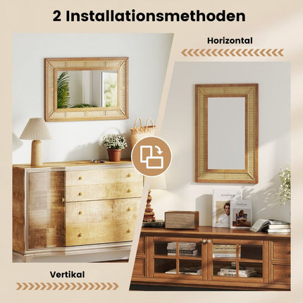 Rattan Wall Mirror with Wood Frame, 90x60 cm, Hanging