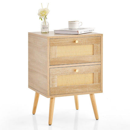 Rattan bedside table in boho style with 2 drawers & solid wood legs Modern bedside table