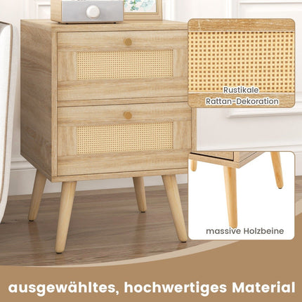 Rattan bedside table in boho style with 2 drawers & solid wood legs Modern bedside table