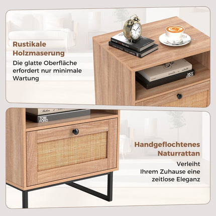 Rattan bedside table in medieval style with drawer & open compartment side table accent table