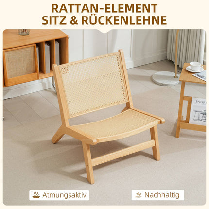 Rattan chair, reading chair, wooden frame, wide seat, 64 x 70 x 74 cm, natural wood