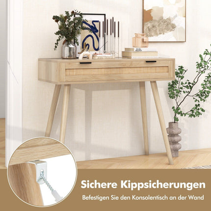 Rattan console table with pull-out drawer entryway table farmhouse wooden table