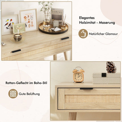 Rattan console table with pull-out drawer entryway table farmhouse wooden table