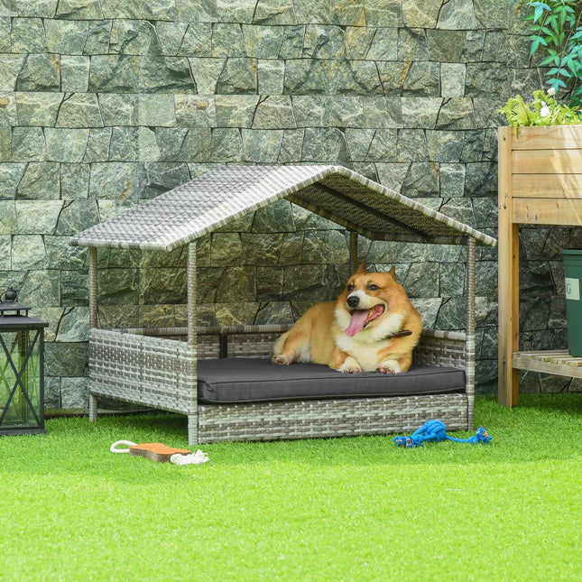 Outdoor rattan dog house with Cushion - Grey, 69 x 98 x 70 cm