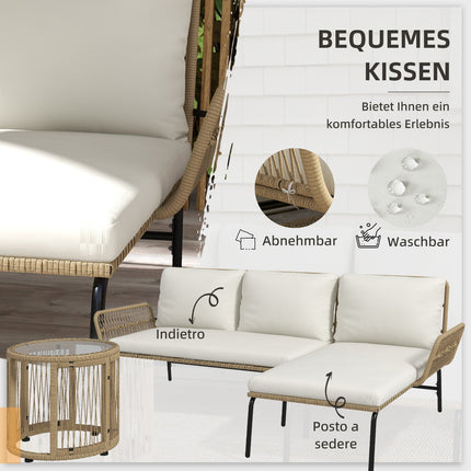 Rattan garden furniture with chair, table and cushions