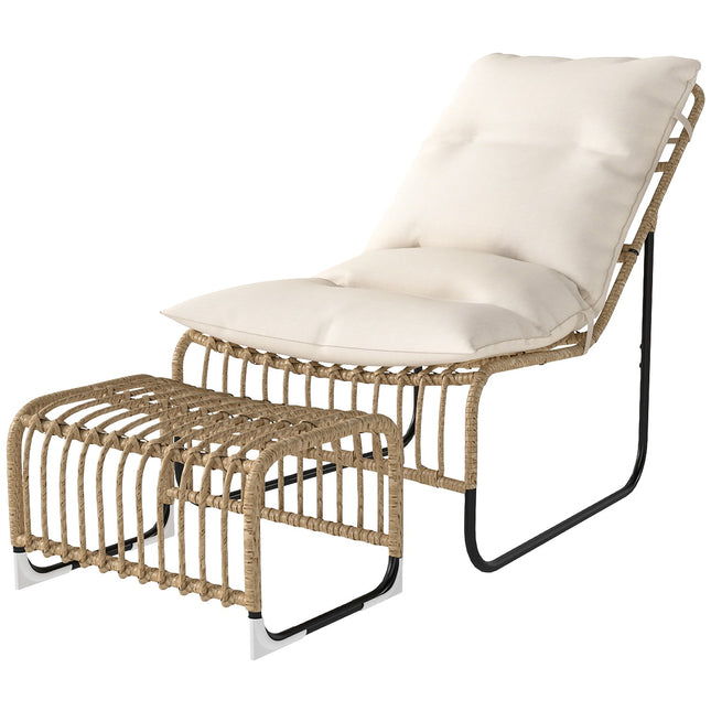 Rattan outdoor chair with footstool - UV resistant and cushioned