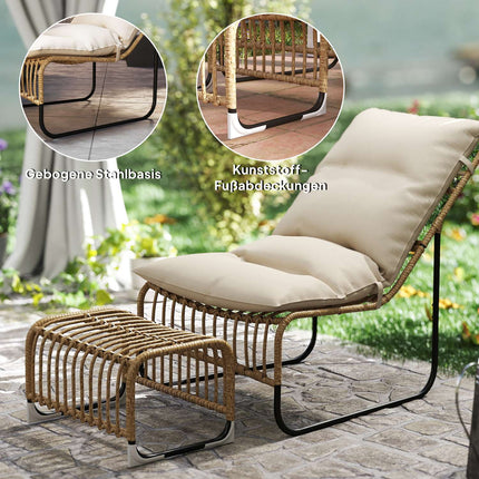 Rattan outdoor chair with footstool - UV resistant and cushioned