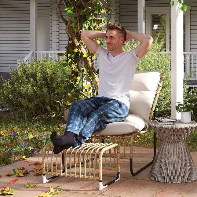Rattan outdoor chair with footstool - UV resistant and cushioned