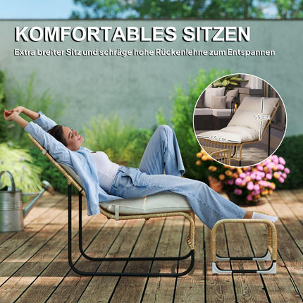 Rattan outdoor chair with footstool - UV resistant and cushioned