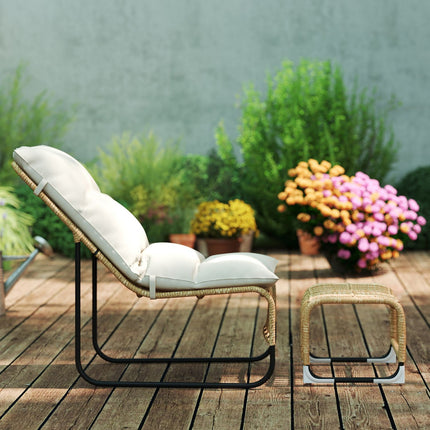 Rattan outdoor chair with footstool - UV resistant and cushioned