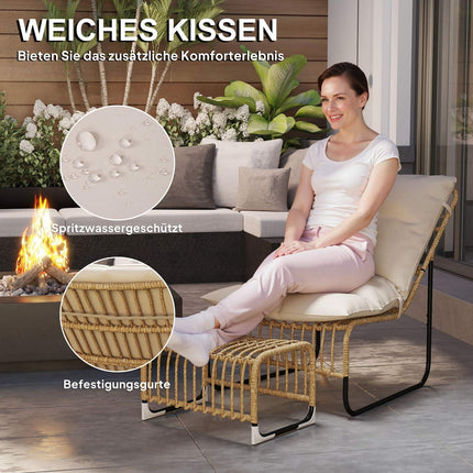 Rattan outdoor chair with footstool - UV resistant and cushioned
