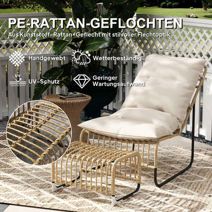Rattan outdoor chair with footstool - UV resistant and cushioned