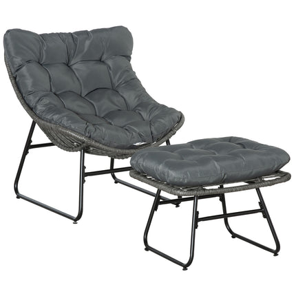Outdoor rattan relaxation chair with footstool and gray cushions