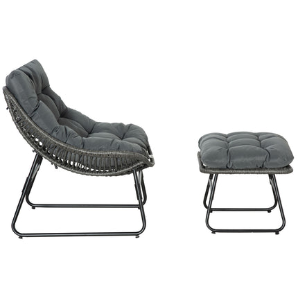 Outdoor rattan relaxation chair with footstool and gray cushions