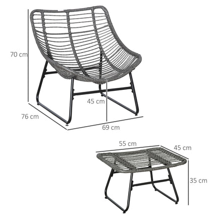 Outdoor rattan relaxation chair with footstool and gray cushions